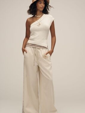 Pilcro Cream Wide-Leg Drawstring Pants with Sun Embroidery
